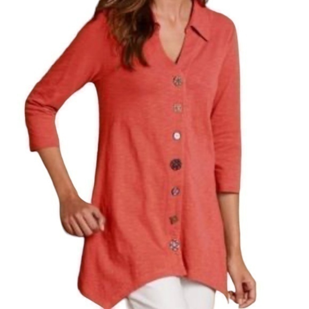 Soft Surroundings Orange Danielle Button Up 3/4 Collar Sleeves Tunic Top